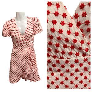 Draper James Dress Women's XS Red Swiss Dot Picnic Wrap Ruffle Puff Sleeve